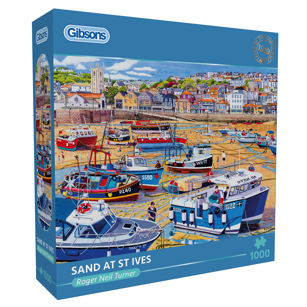 Gibsons puzzle box featuring a harbor scene with boats and buildings.