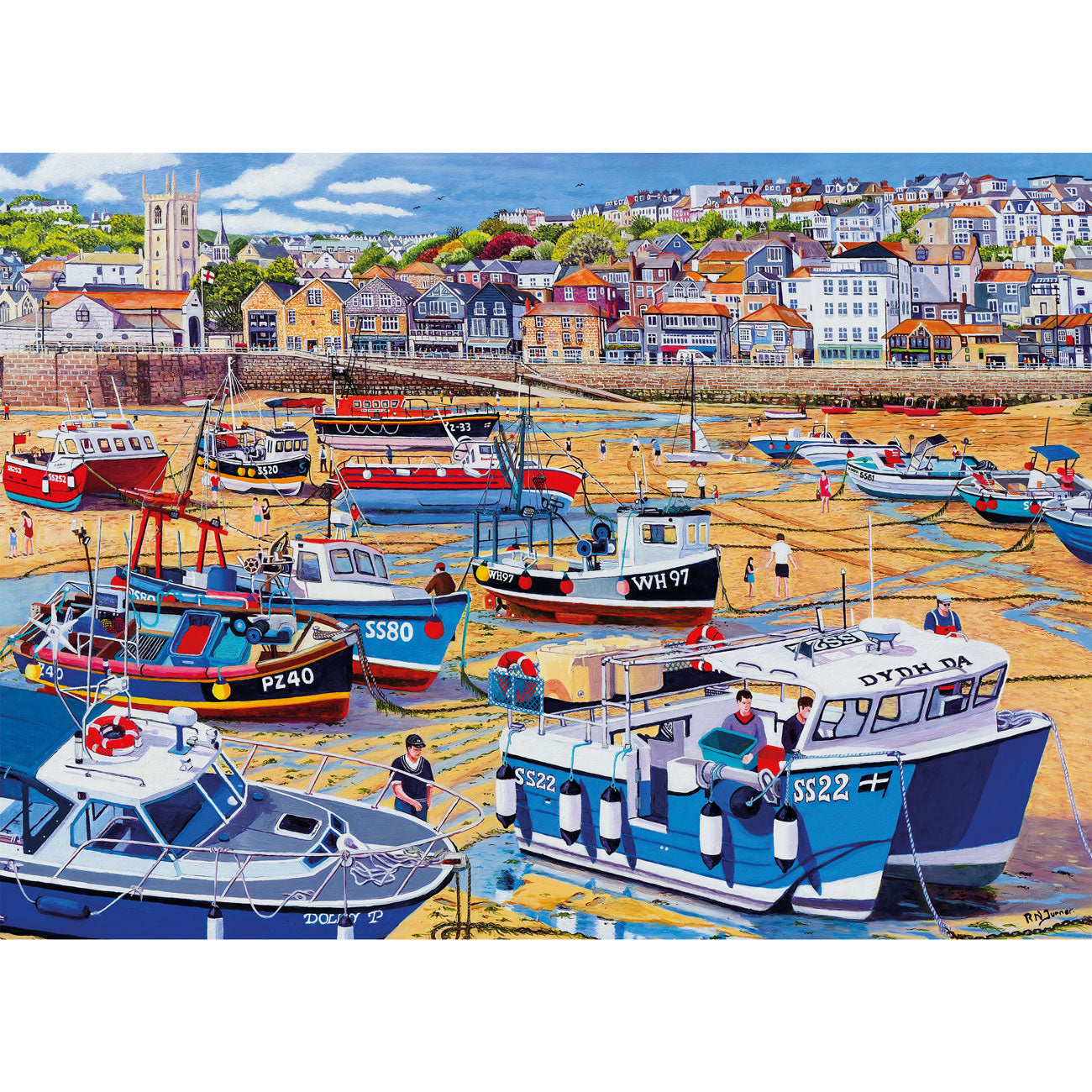 Illustration of a harbor scene with boats and colorful houses.