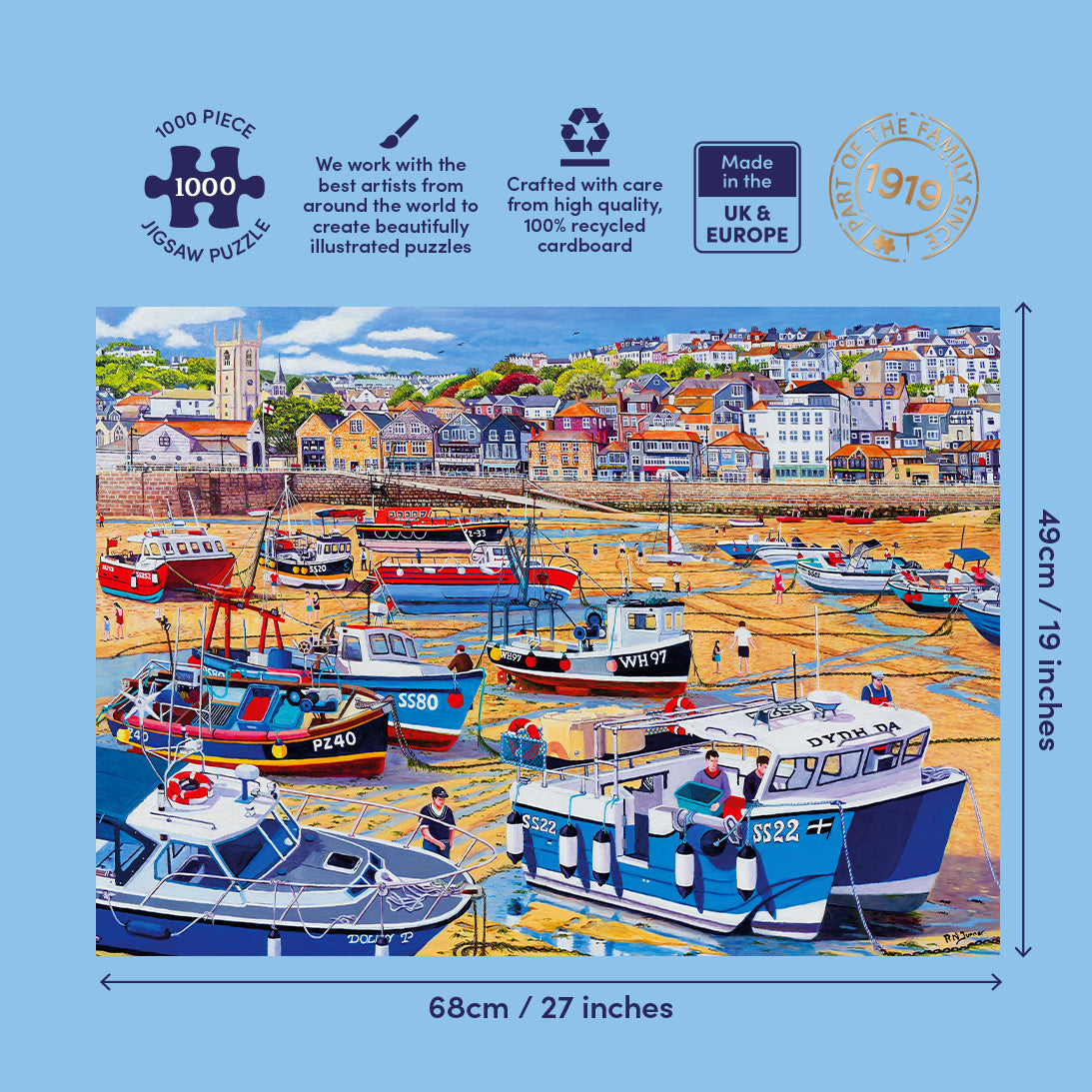Jigsaw puzzle packaging with a harbor scene illustration, dimensions, and branding details.
