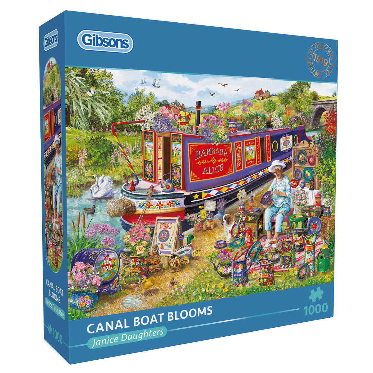Gibsons Canal Boat Blooms puzzle box with colorful illustration of a canal boat and animals and artist around it.