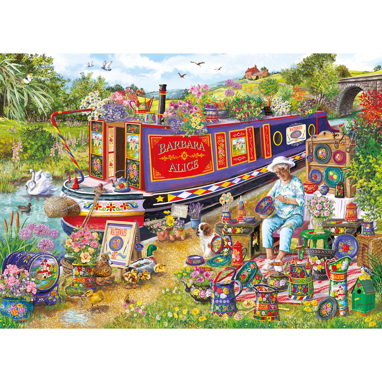 Colorful narrowboat with 'Barbara Alice' on a scenic background, featuring a person and various decorative items.