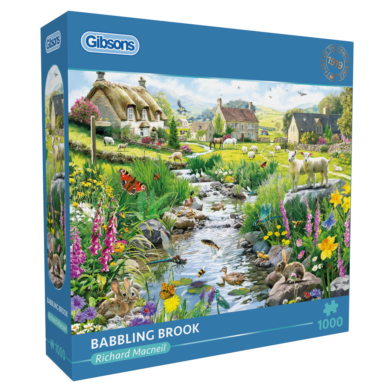 Gibsons 'Babbling Brook' puzzle box with a scenic illustration of a village by a stream.