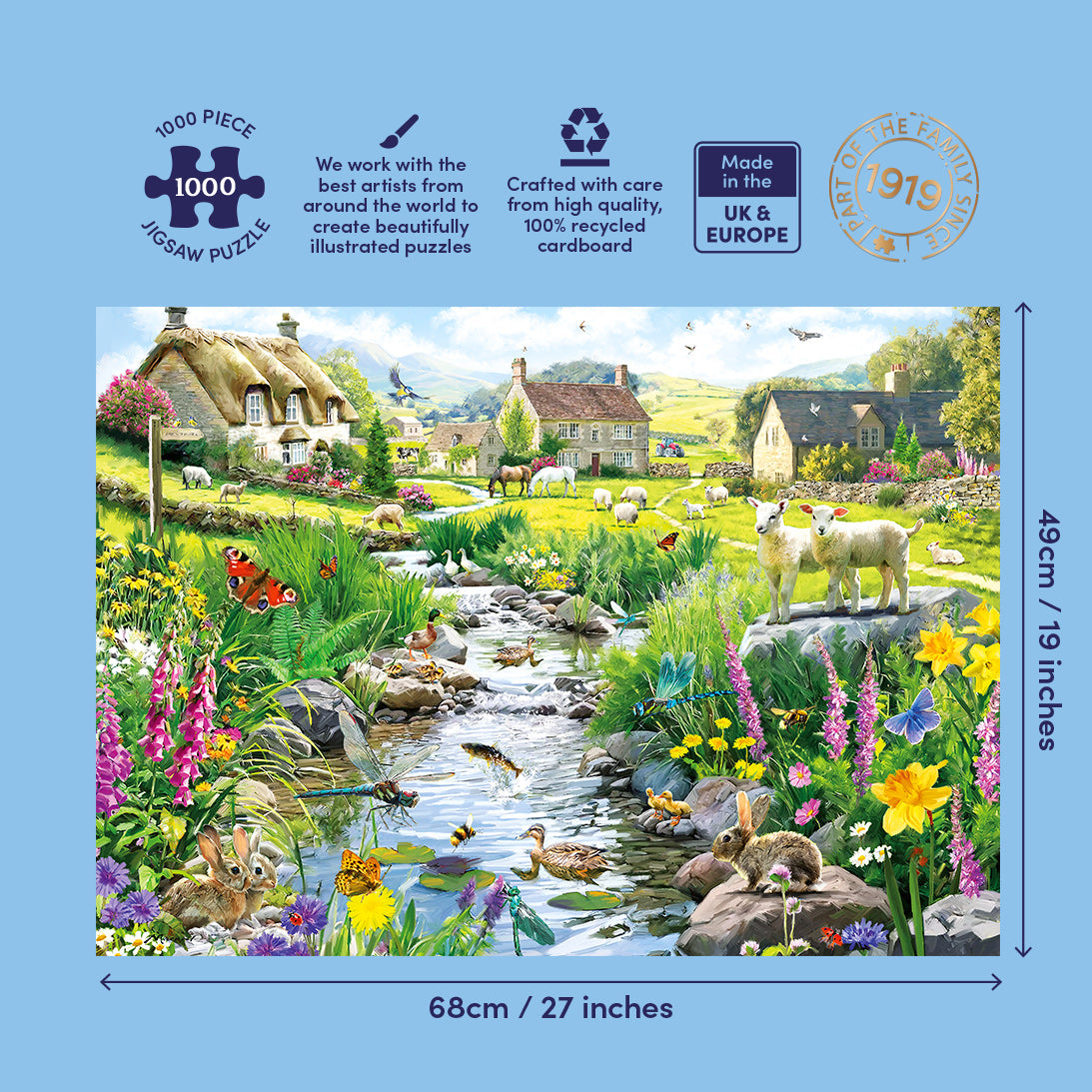 Jigsaw puzzle packaging with a scenic village scene animal farm and stream