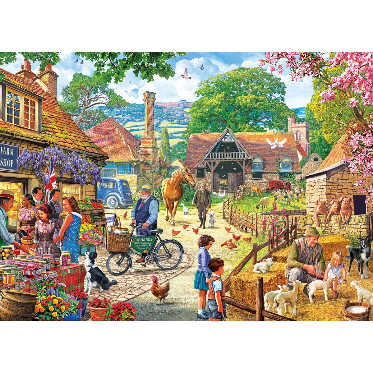 Illustration of a bustling village scene with people, animals, and buildings.