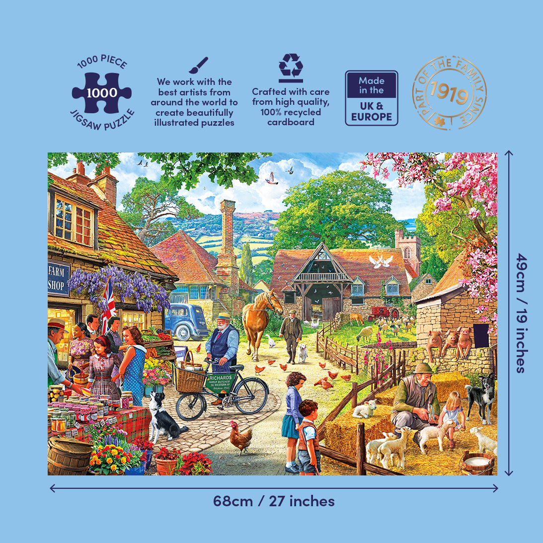 Jigsaw puzzle packaging with a village scene illustration and dimensions.