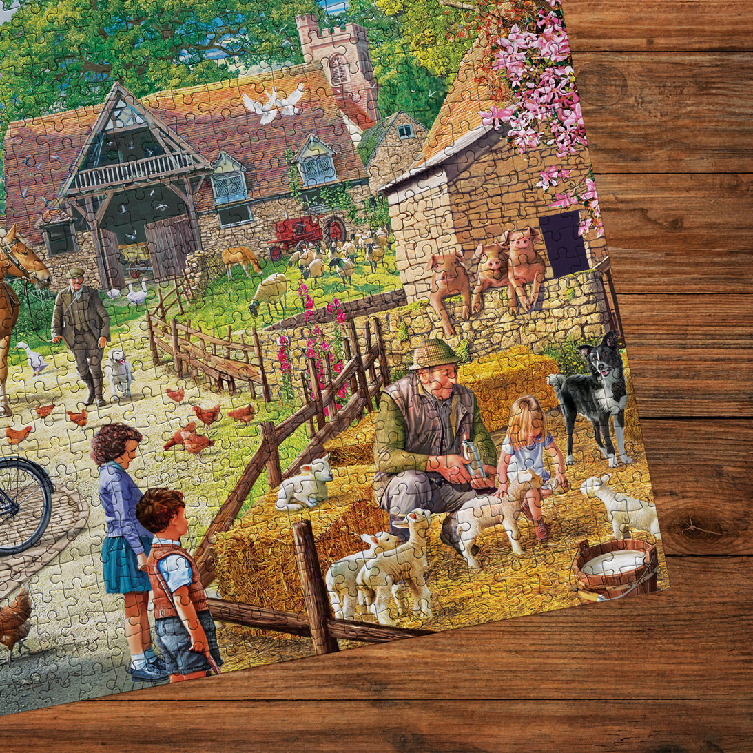 Jigsaw puzzle with a farm scene on a wooden surface