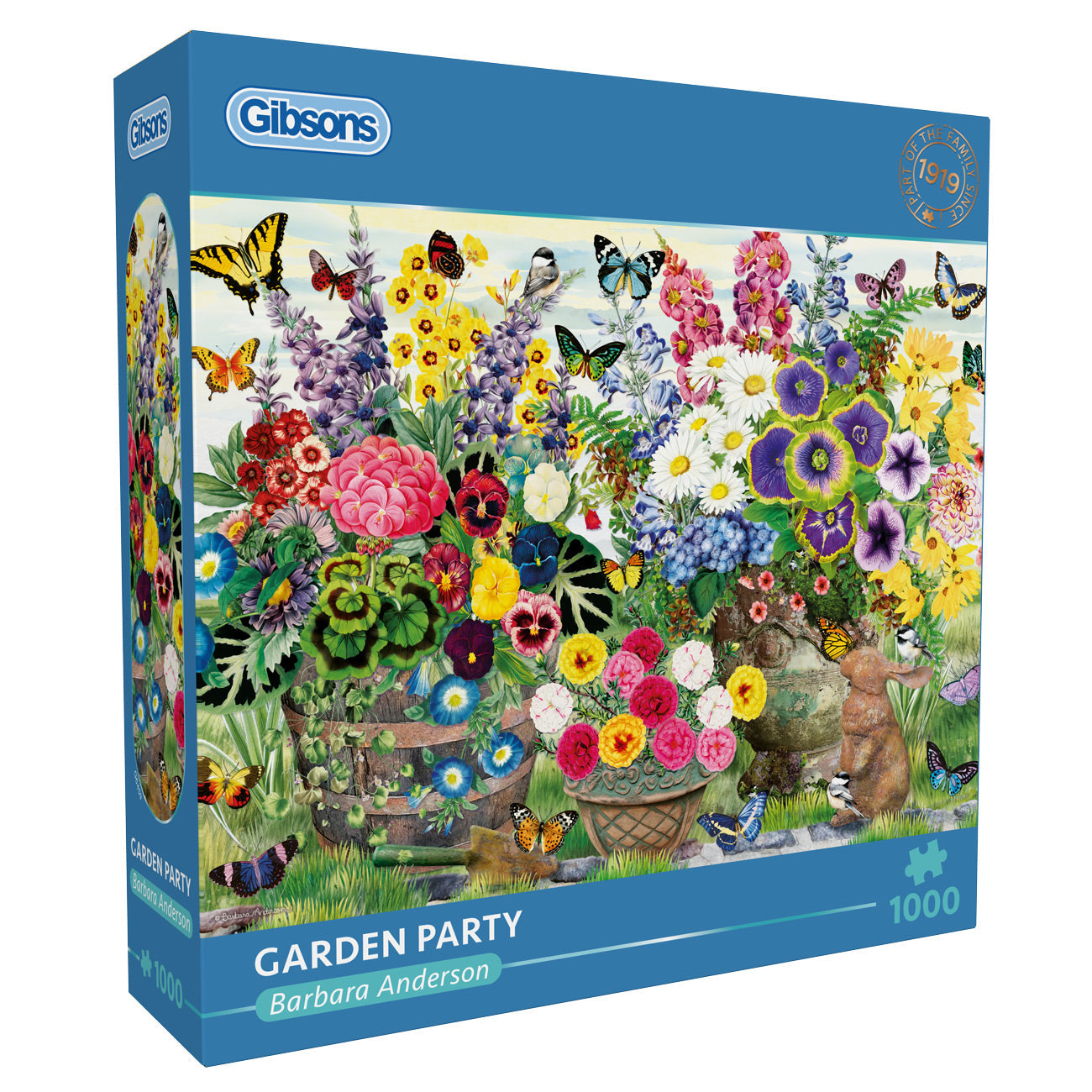 Gibsons Garden Party puzzle box with colorful flowers and butterflies on a white background