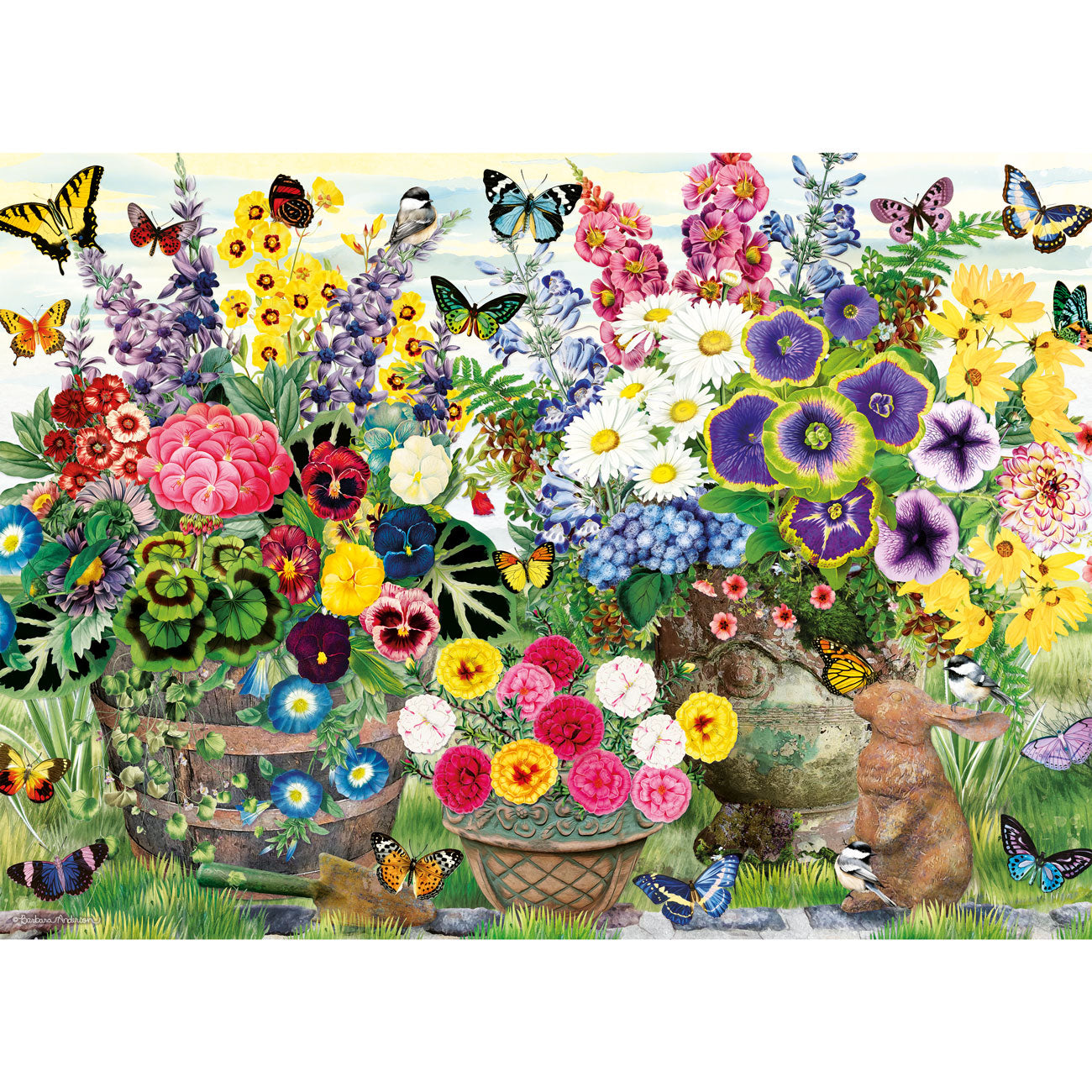 Colorful garden scene with flowers, butterflies, and a rabbit.
