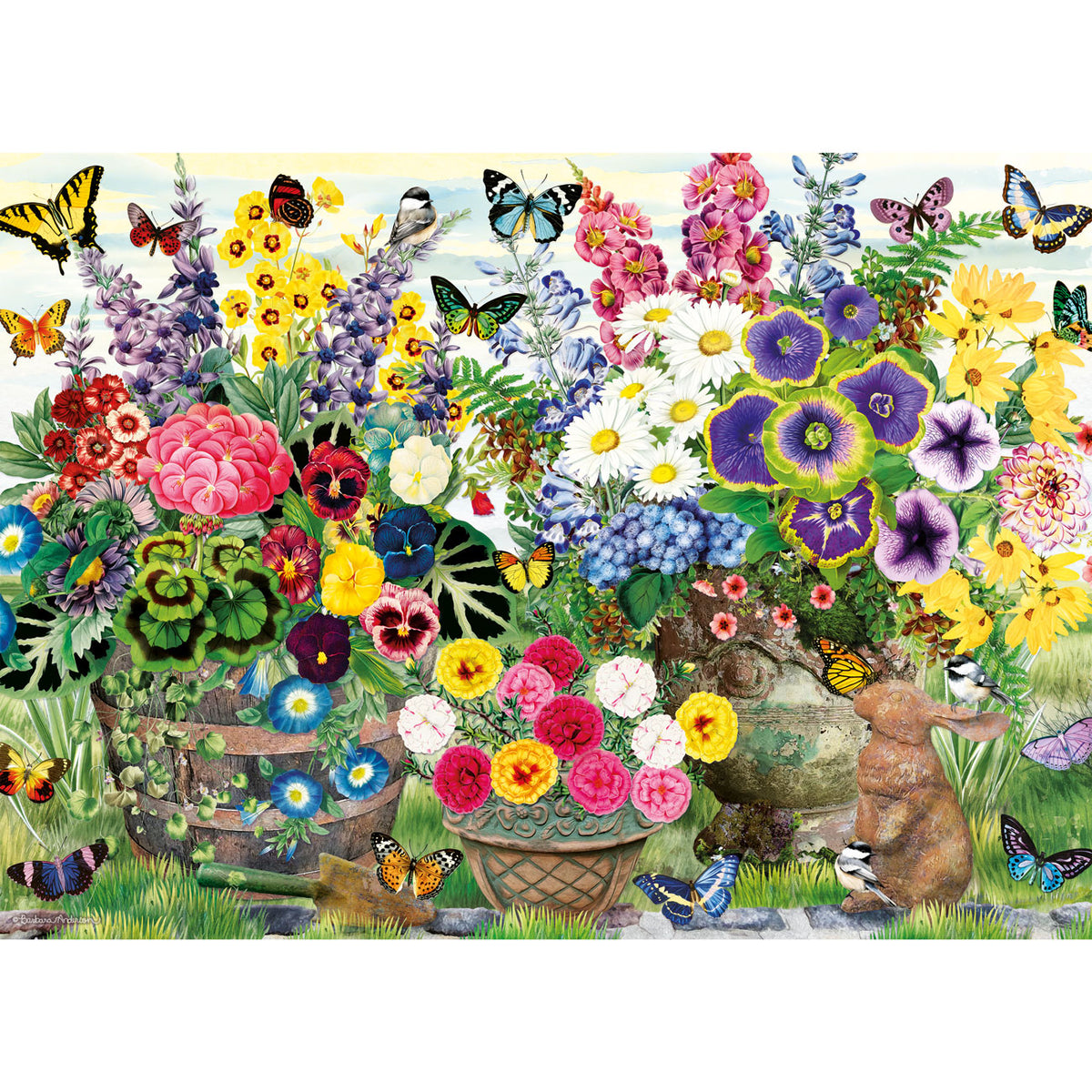 Colorful garden scene with flowers, butterflies, and a rabbit.