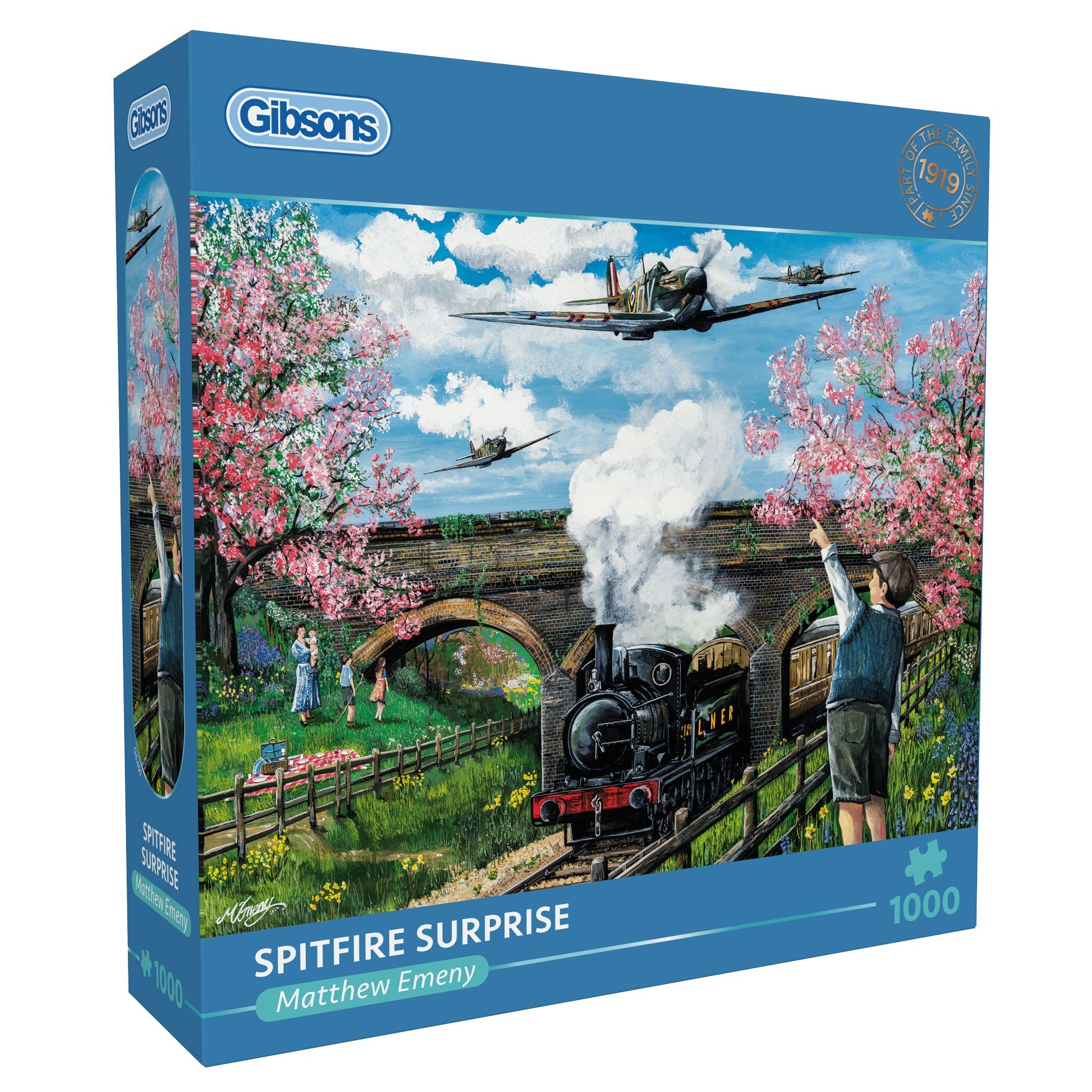 Gibsons Spitfire Surprise puzzle box with a steam train and Spitfires on a blue background