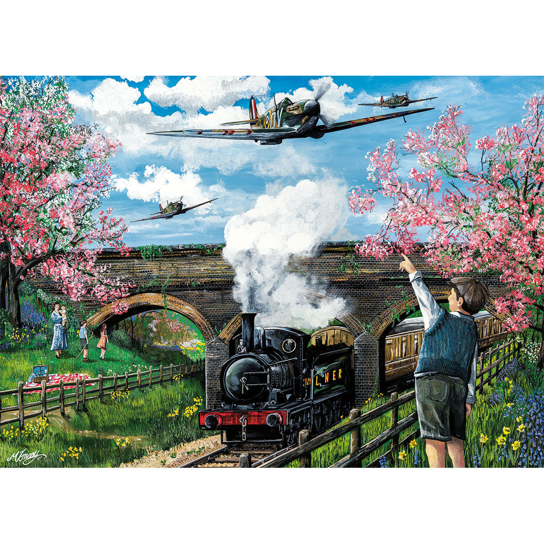 Painting of a train under a bridge with cherry blossoms and airplanes in the sky.