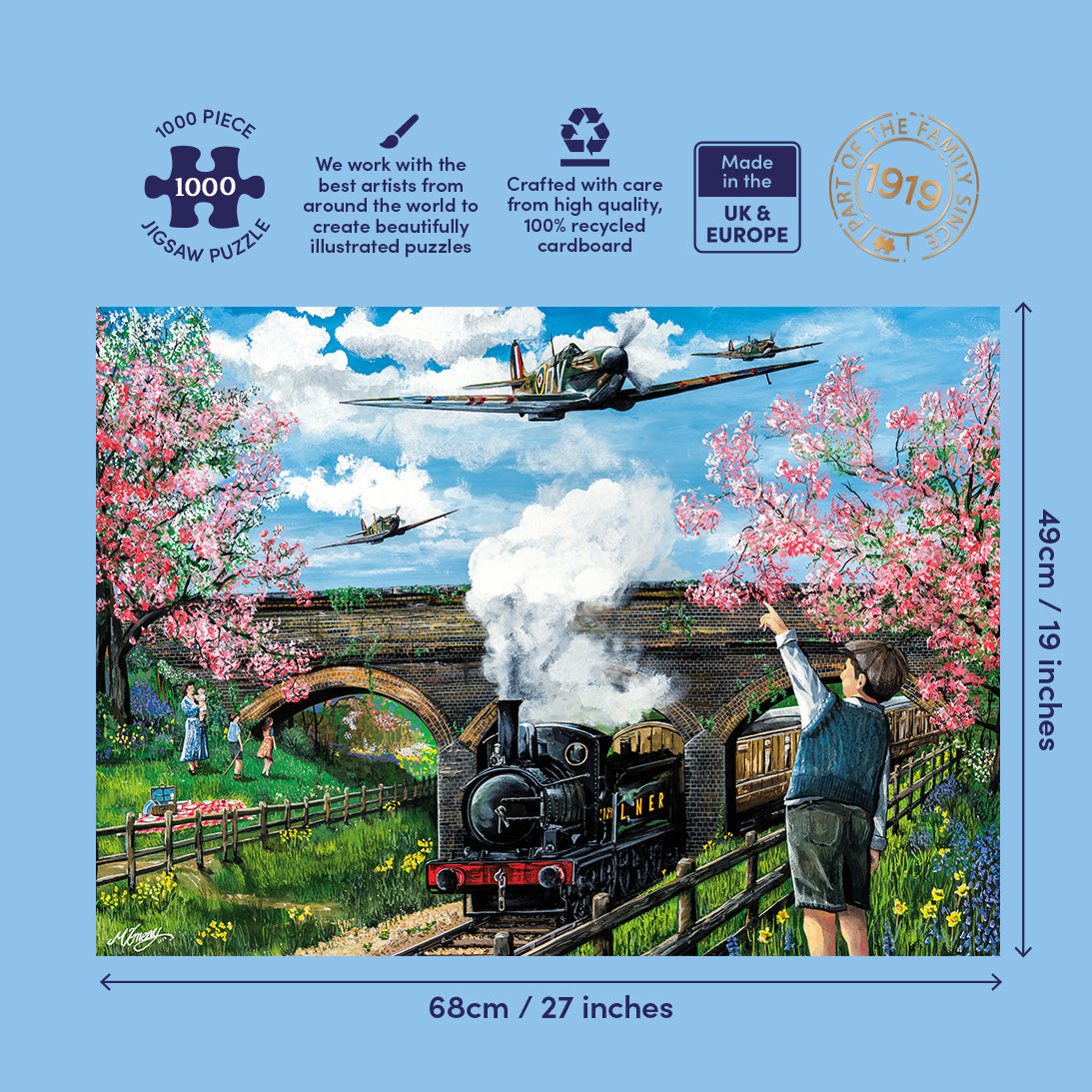 Jigsaw puzzle packaging with a train and airplane scene, featuring dimensions and branding details.