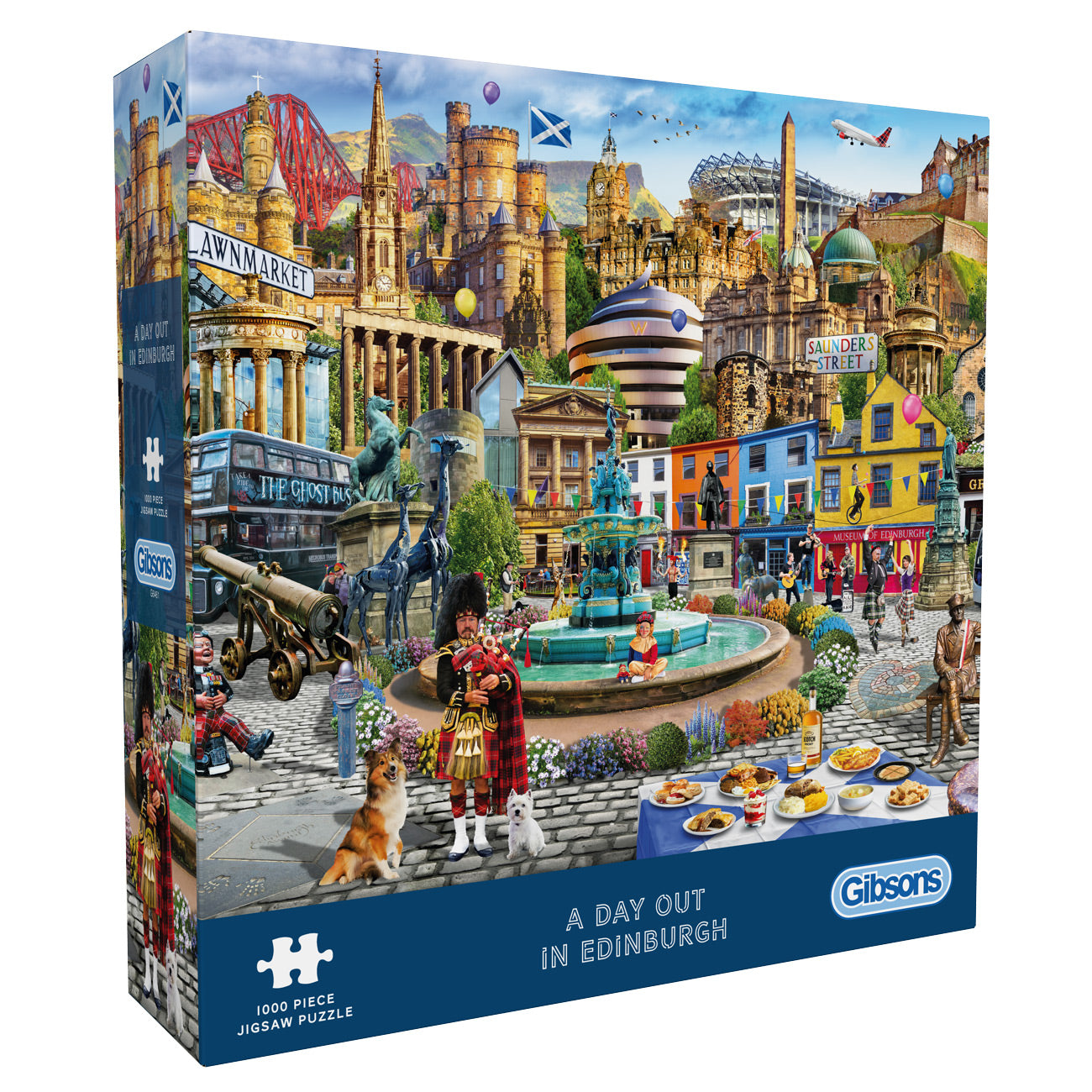 Gibsons puzzle box featuring Edinburgh landmarks and a couple by a fountain.