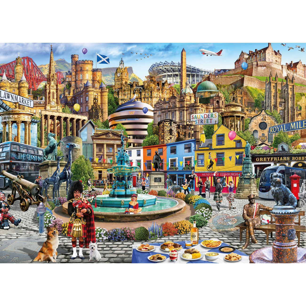 Collage of a city street scene with various landmarks and people.