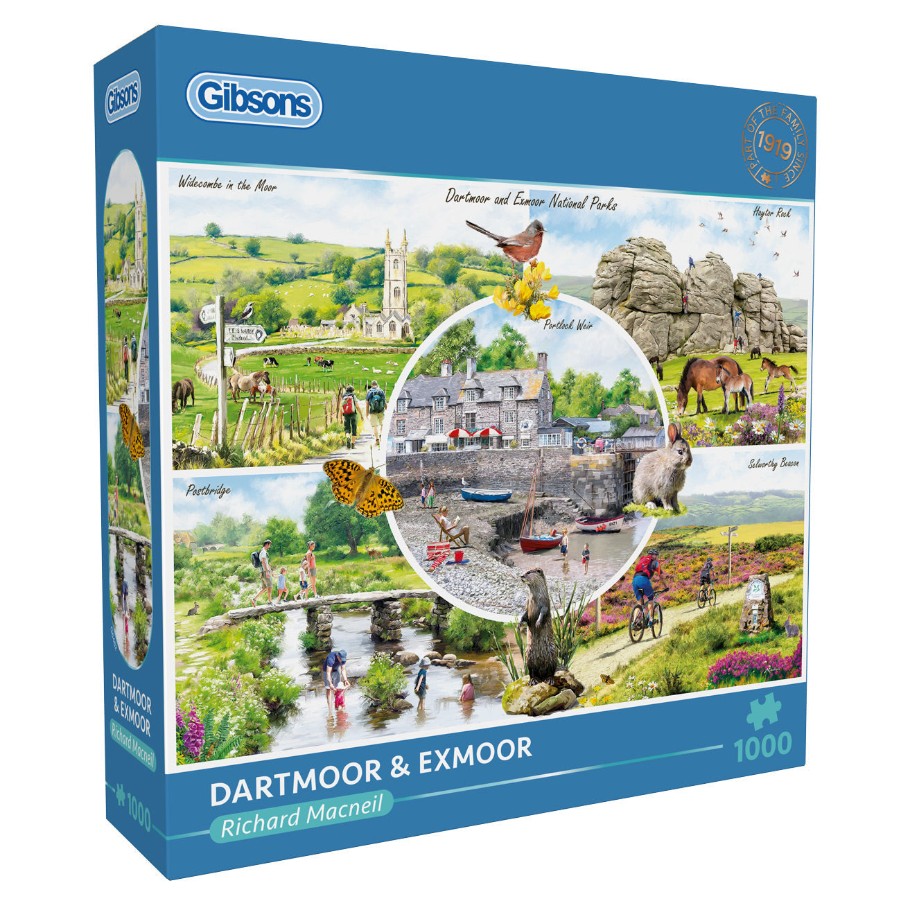 Gibsons Dartmoor & Exmoor puzzle box with scenic images and Gibsons branding.