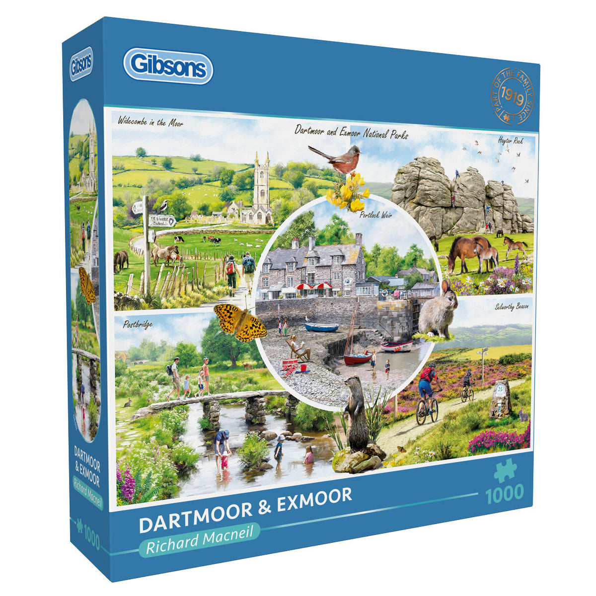 Gibsons Dartmoor & Exmoor puzzle box with scenic images and Gibsons branding.