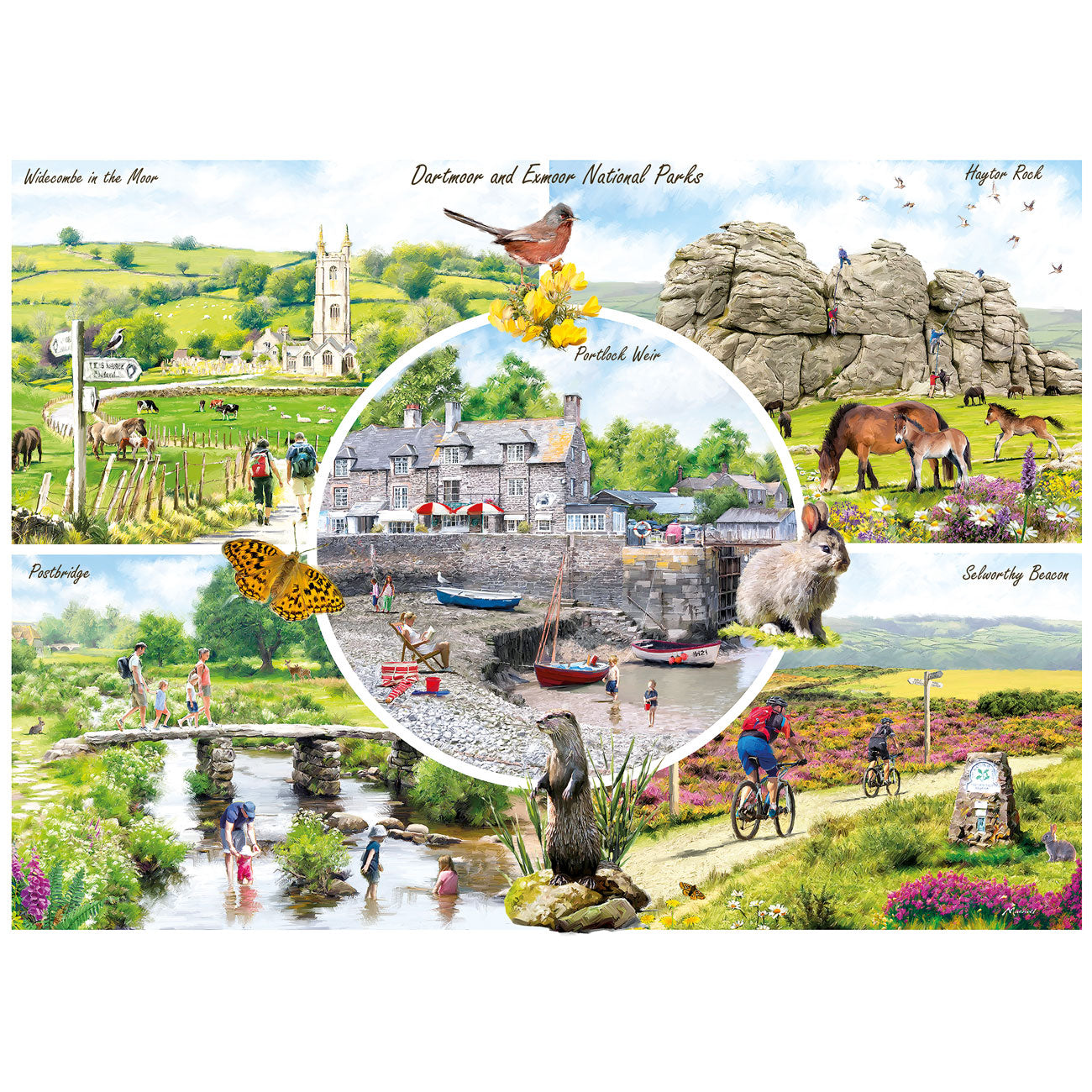 Collage of scenic images including a village, nature, and outdoor activities on a white background.