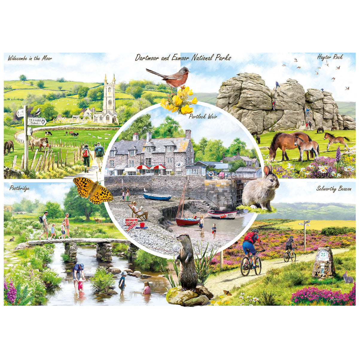 Collage of scenic images including a village, nature, and outdoor activities on a white background.
