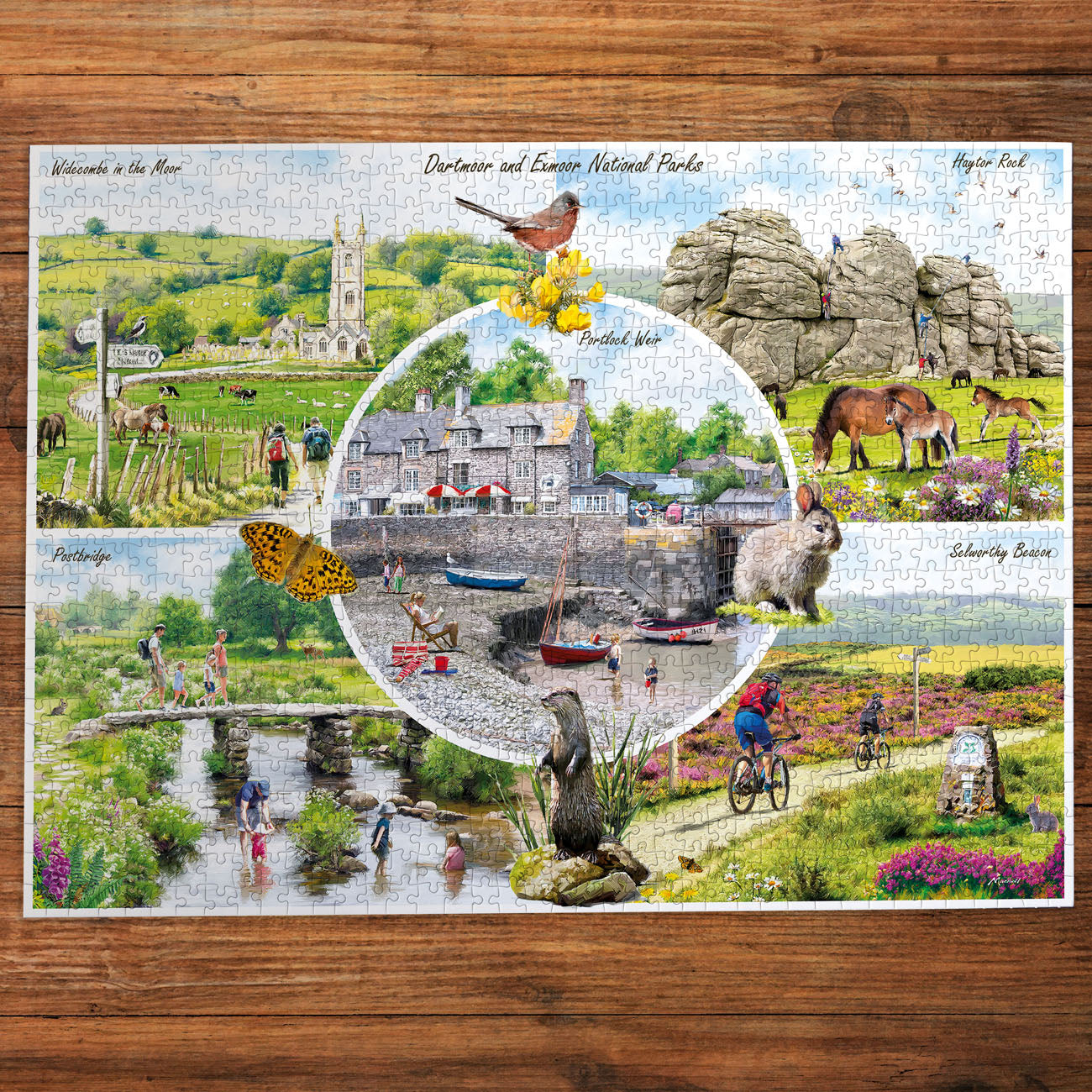 Gibsons Dartmoor & Exmoor puzzle with scenic images on wooden table