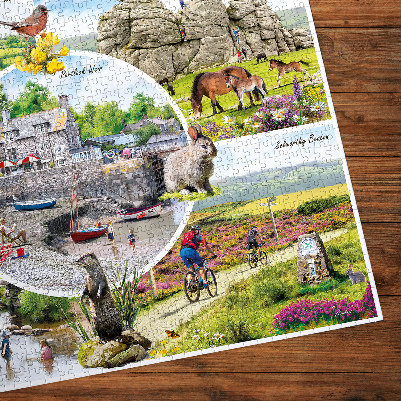 Gibsons Dartmoor & Exmoor detail of the puzzle with scenic images on wooden table 