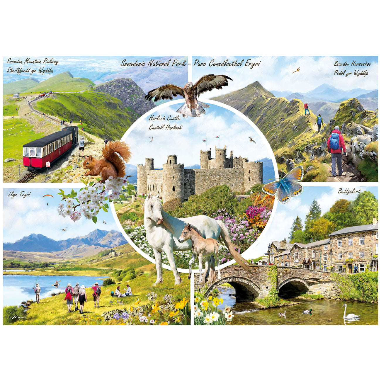 Collage of scenic landscapes, animals, and landmarks with a central castle.