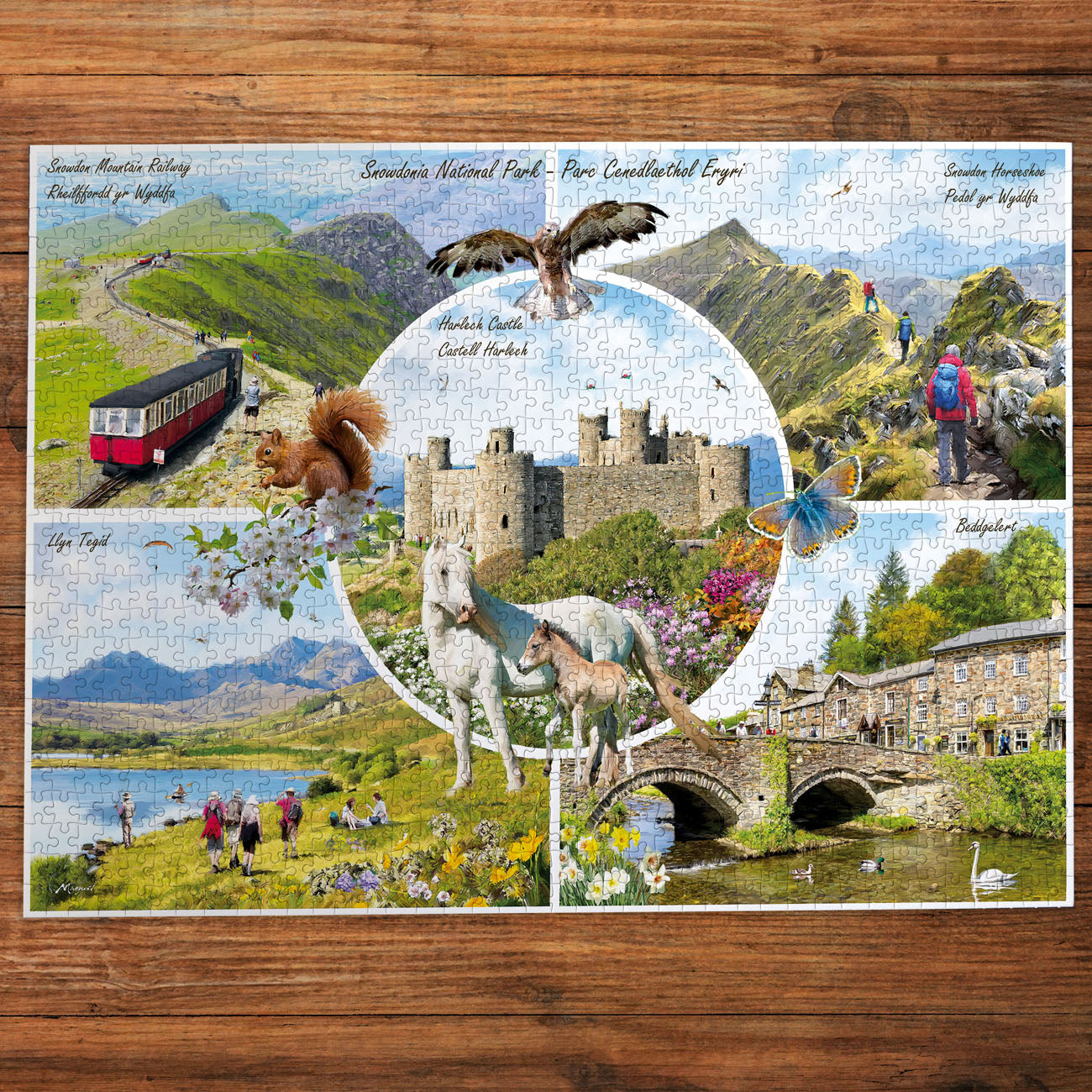 Jigsaw puzzle with scenic images of a castle, mountains, and nature on a wooden surface.