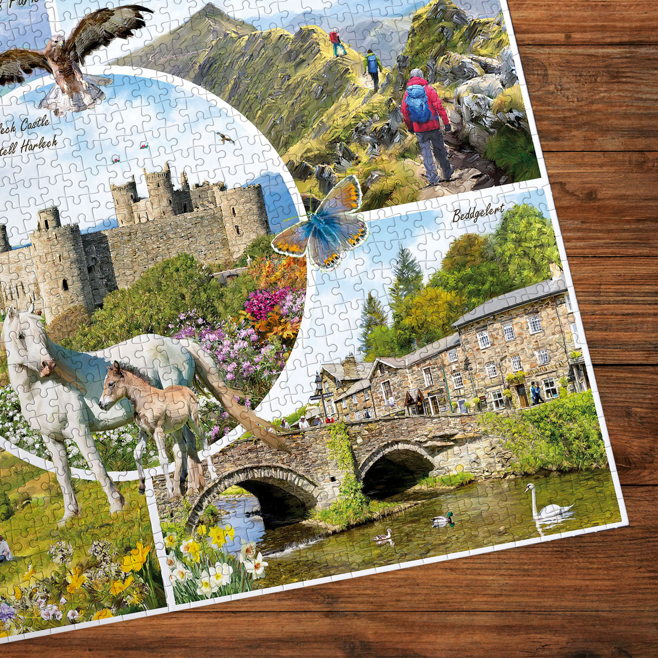 Jigsaw puzzle with scenic images of a castle, nature, and village on a wooden surface.