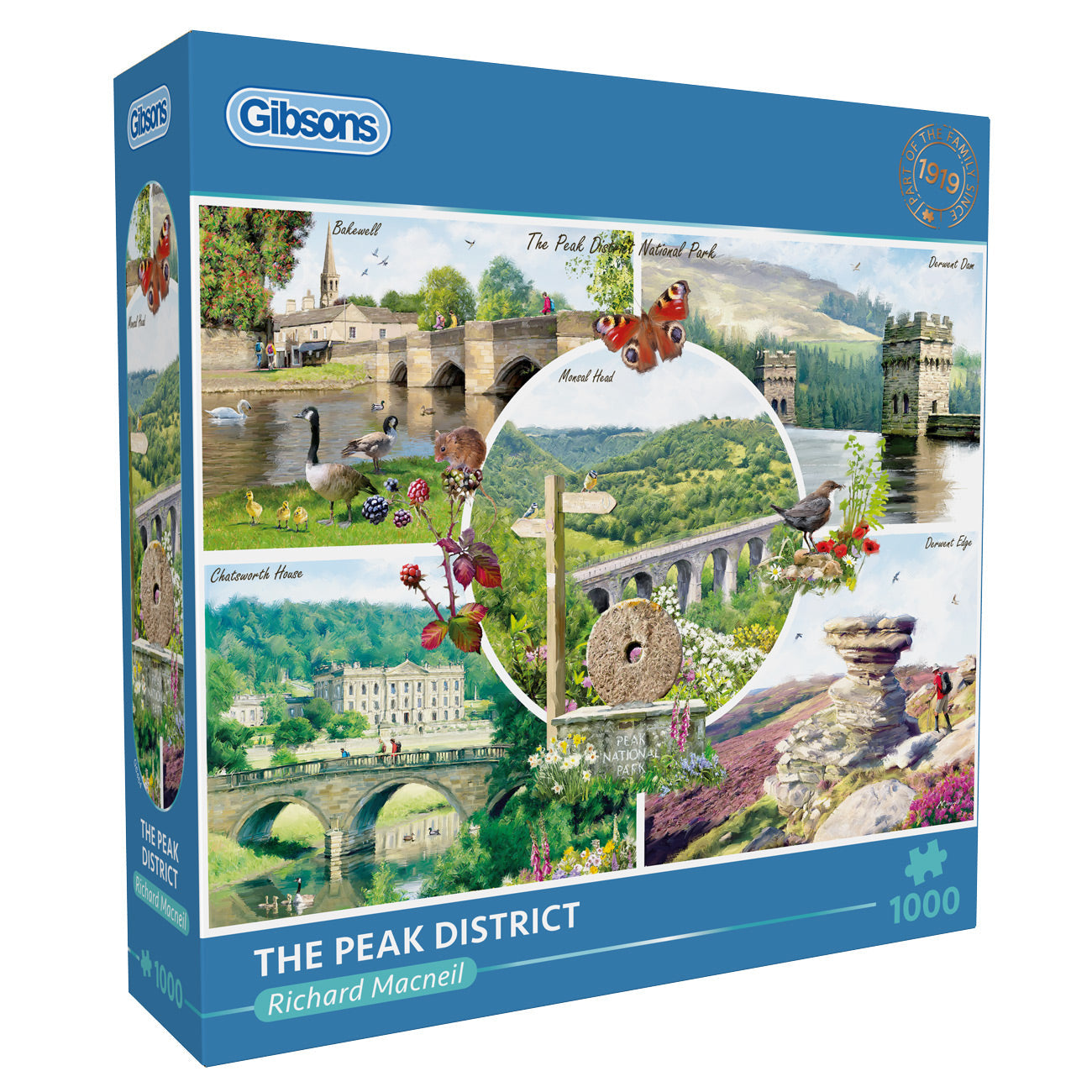 Gibsons puzzle box featuring images of the Peak District with a blue border.