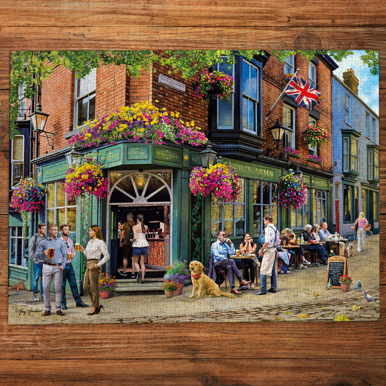 Painting of a lively street scene with people and a dog in front of a pub.