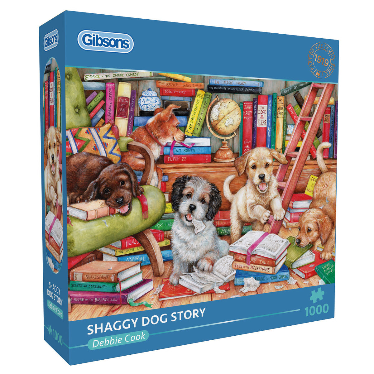 Gibsons puzzle box with illustration of dogs in a room filled with books