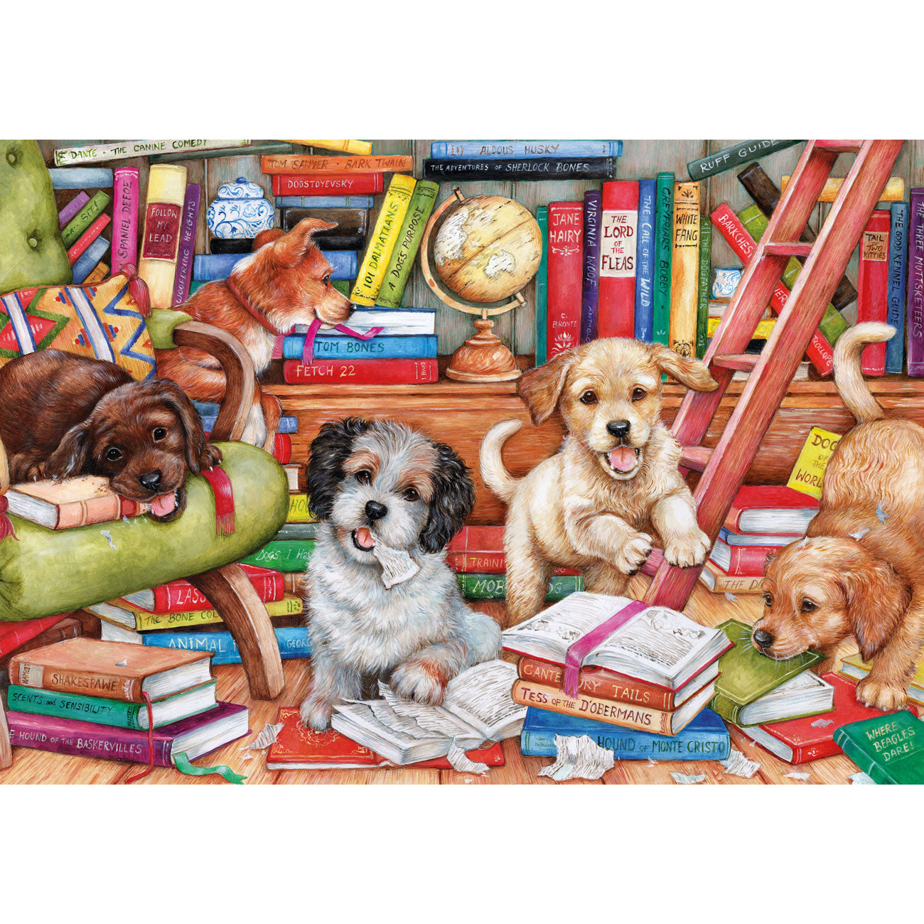 Illustration of puppies in a classroom setting with books and educational materials.