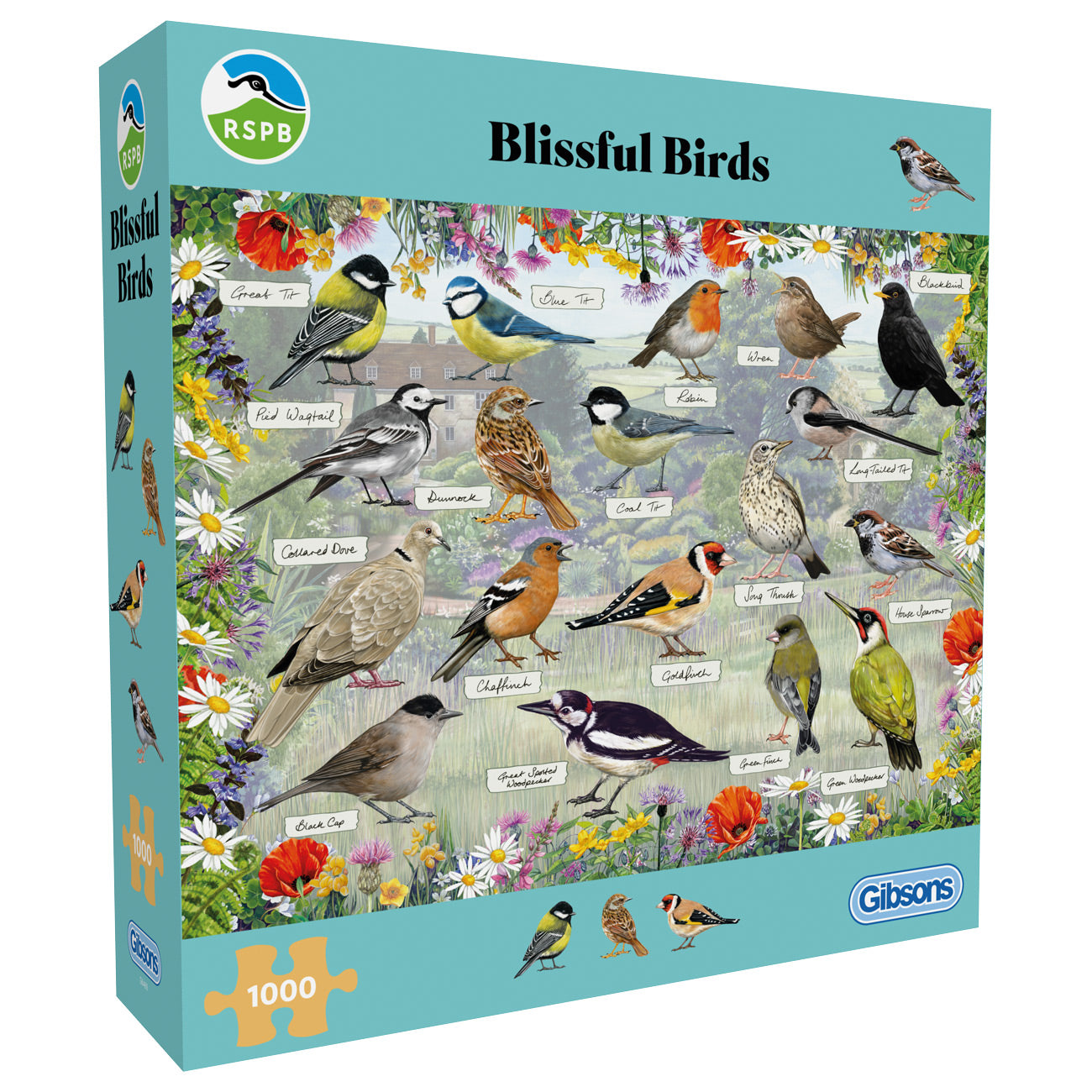 RSPB Blissful Birds puzzle box with bird illustrations and flowers on a blue background