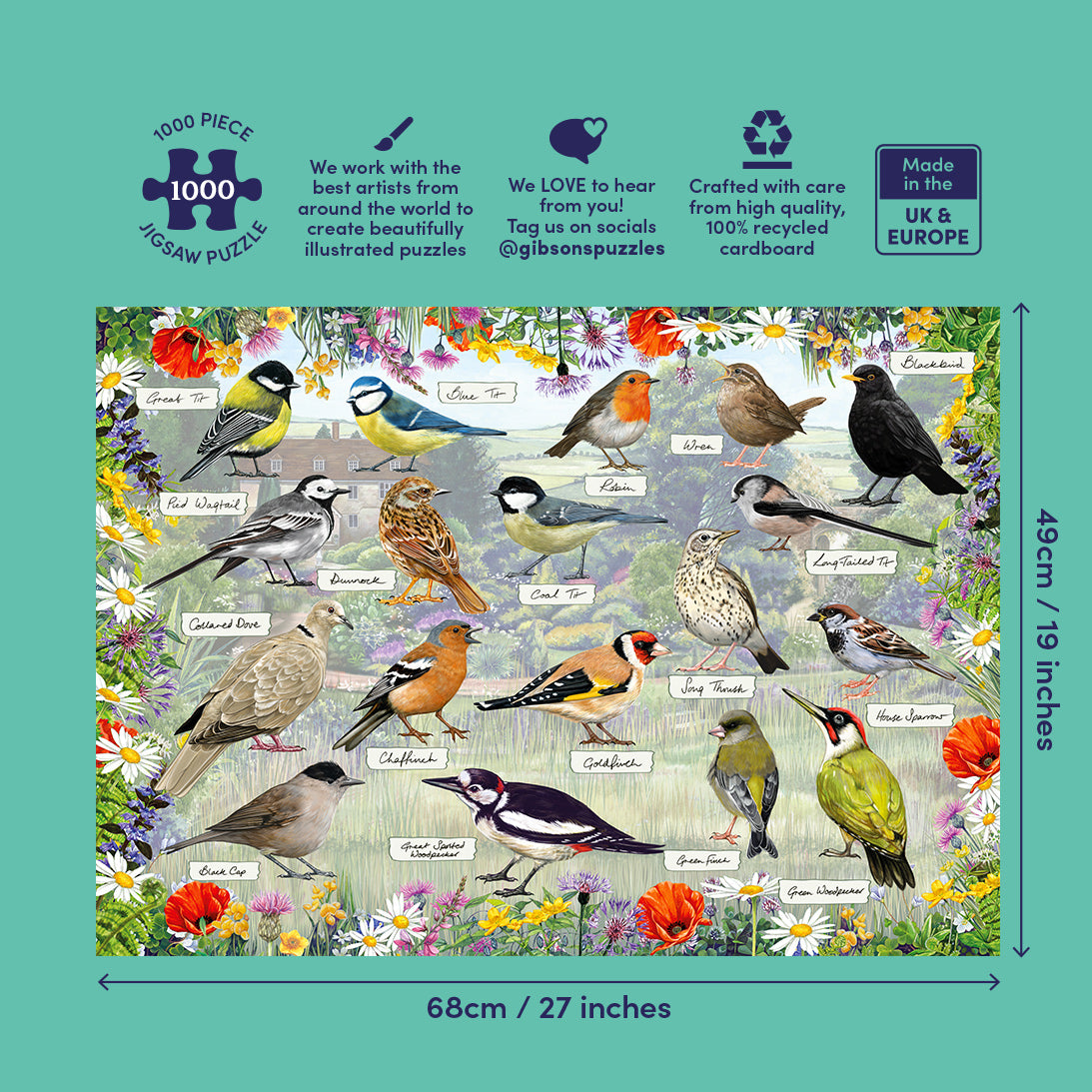 Gibson's 1000-piece jigsaw puzzle packaging featuring illustrated birds and flowers with puzzle dimensions.