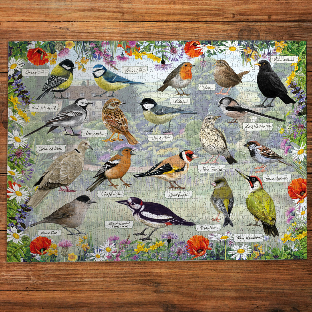 Bird-themed puzzle with various bird illustrations and flowers on a wooden surface