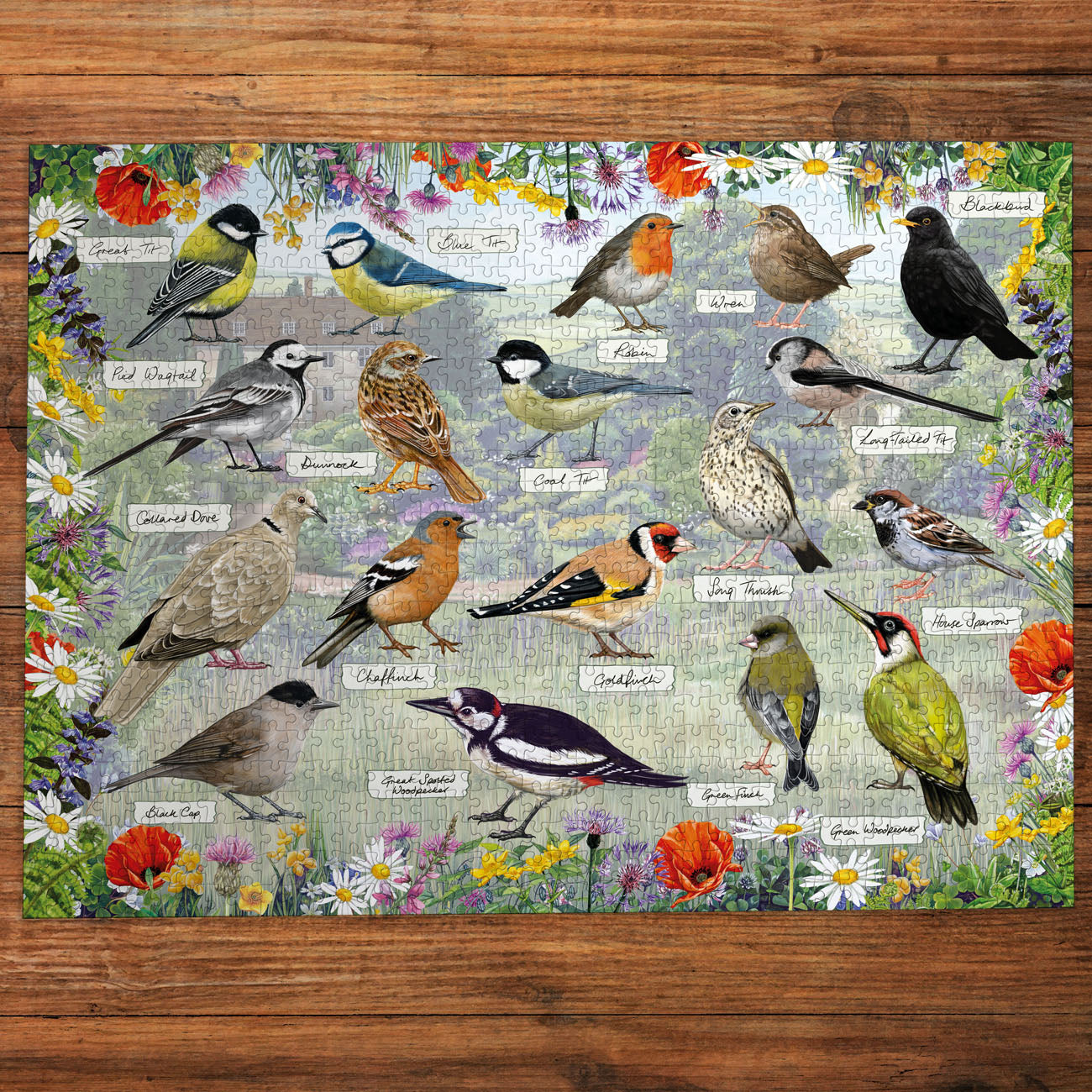 RSPB Blissful Birds puzzle with bird illustrations and flowers on a wooden background