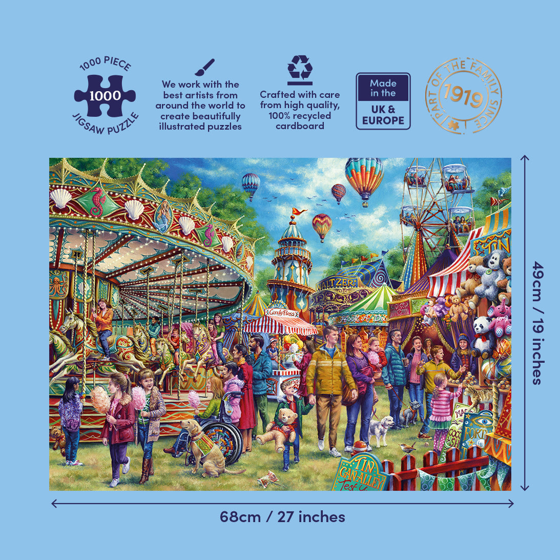 A 1000-piece jigsaw puzzle featuring a colourful fairground scene with a carousel, carnival games, hot air balloons, and people walking through the fair. The image shows the puzzle packaging with dimension markings of 68cm / 27 inches in width and 48cm / 19 inches in height, set against a light blue background with product feature icons.