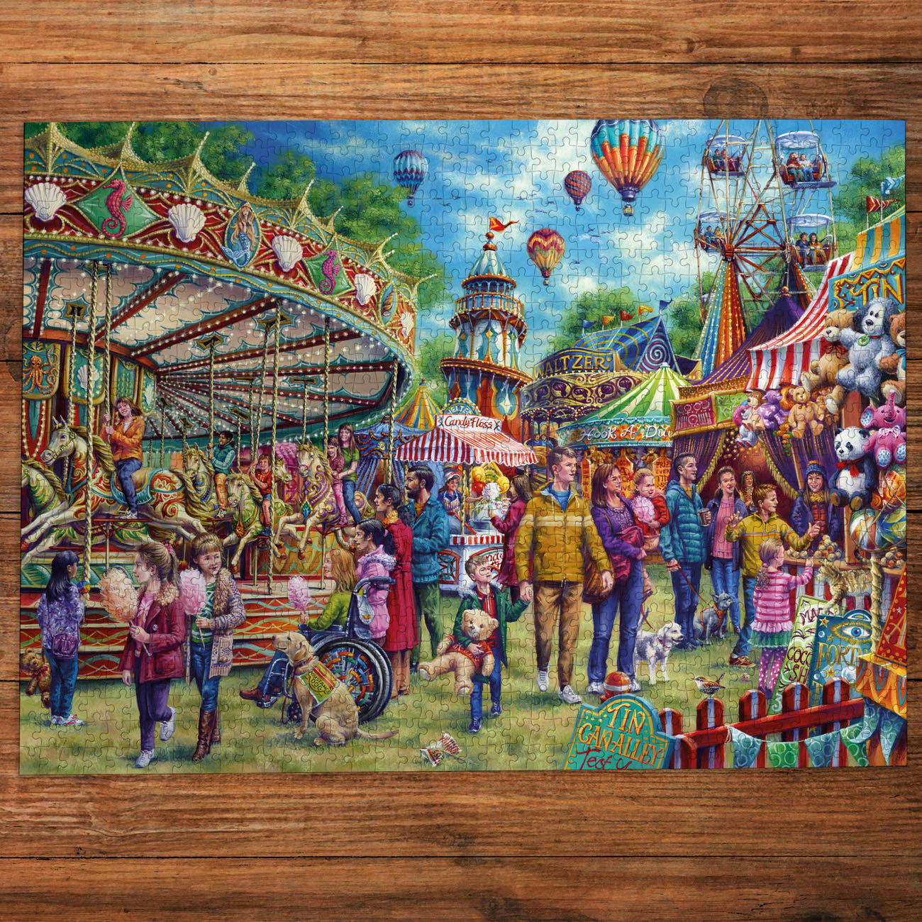 Colorful illustration of a carnival scene with people and attractions on a wooden surface.
