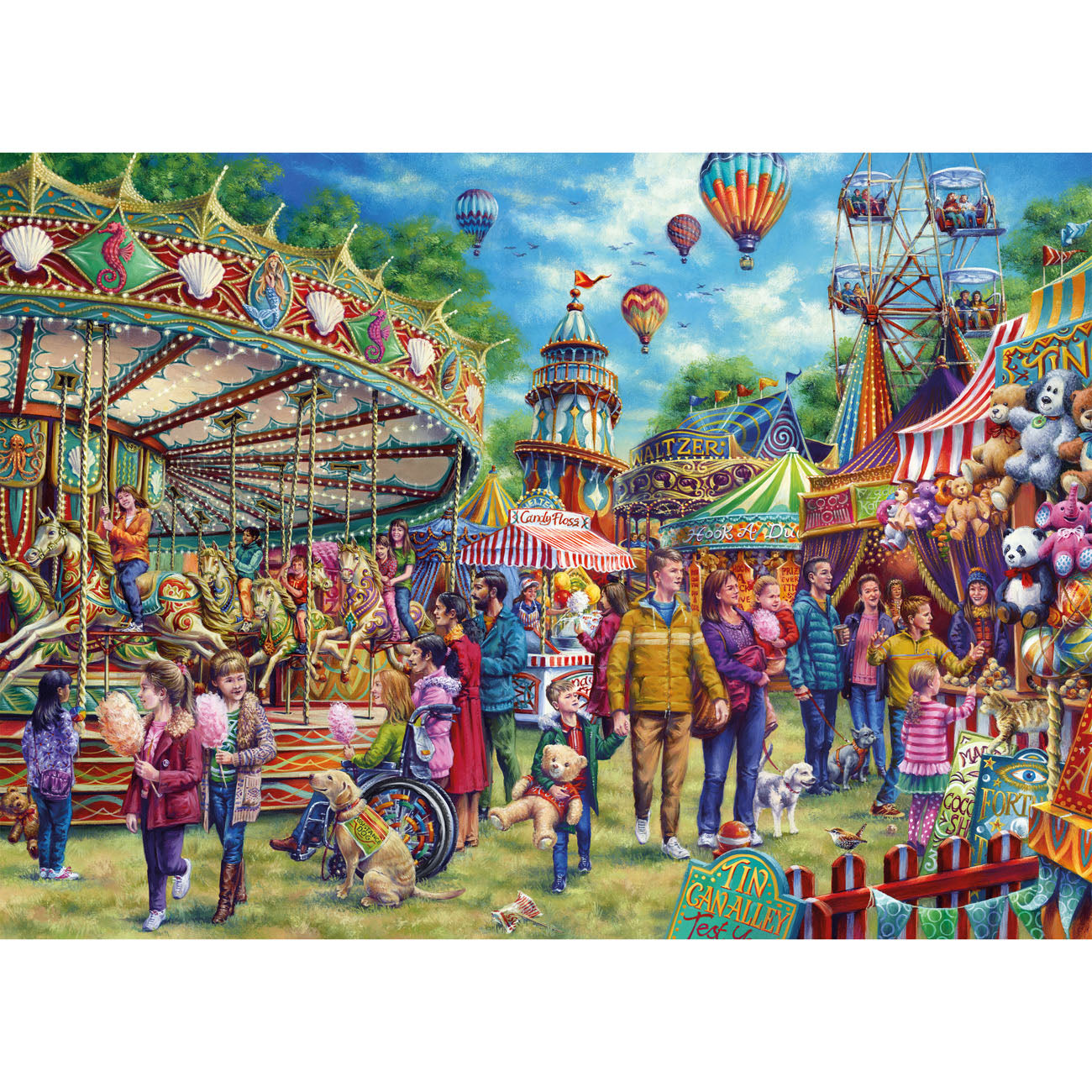Colorful carnival scene with people, rides, and attractions