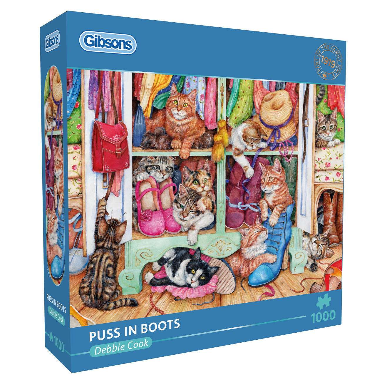 Gibsons puzzle box featuring cats in a shoe and clothes closet with colourful background