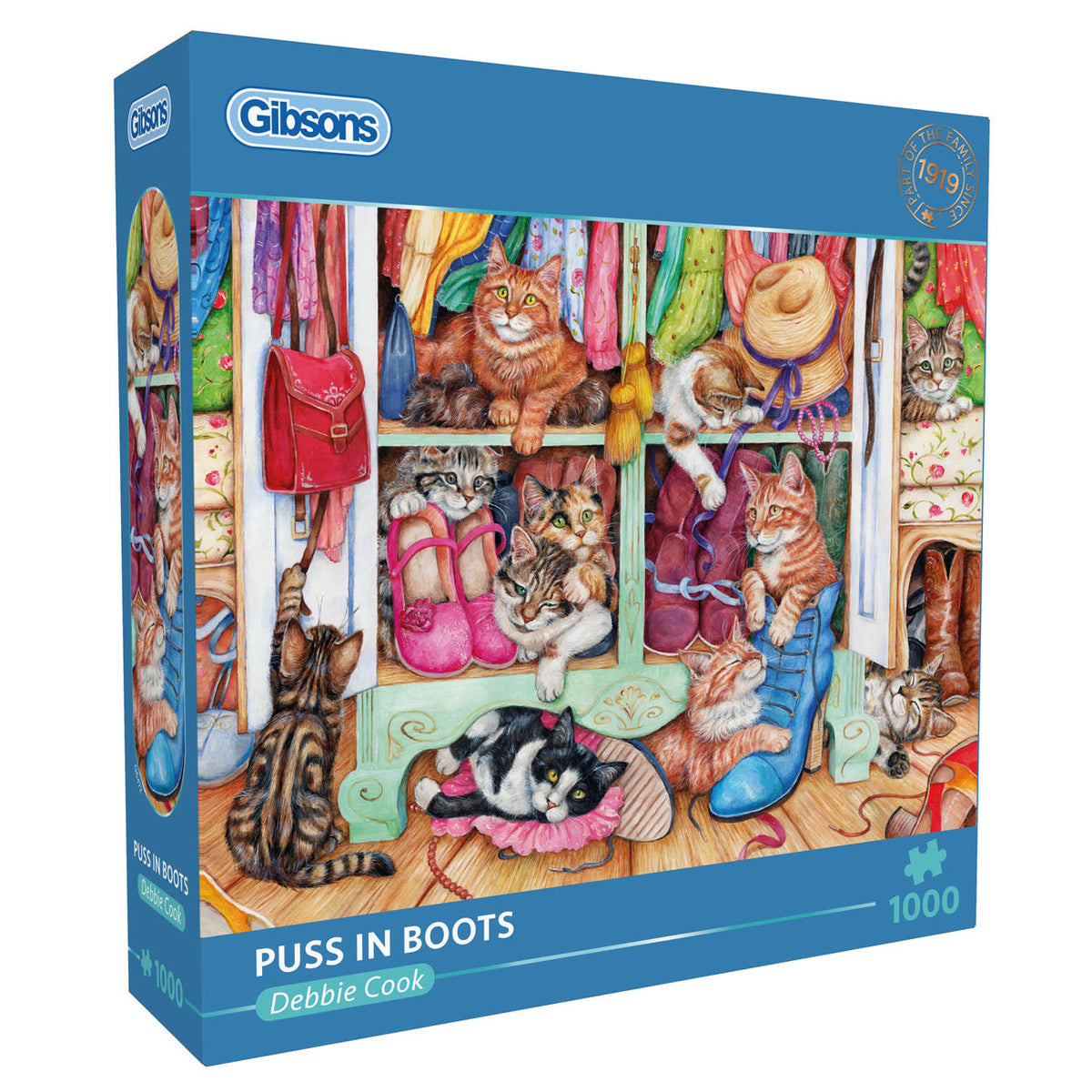 Gibsons puzzle box featuring cats in a shoe and clothes closet with colourful background