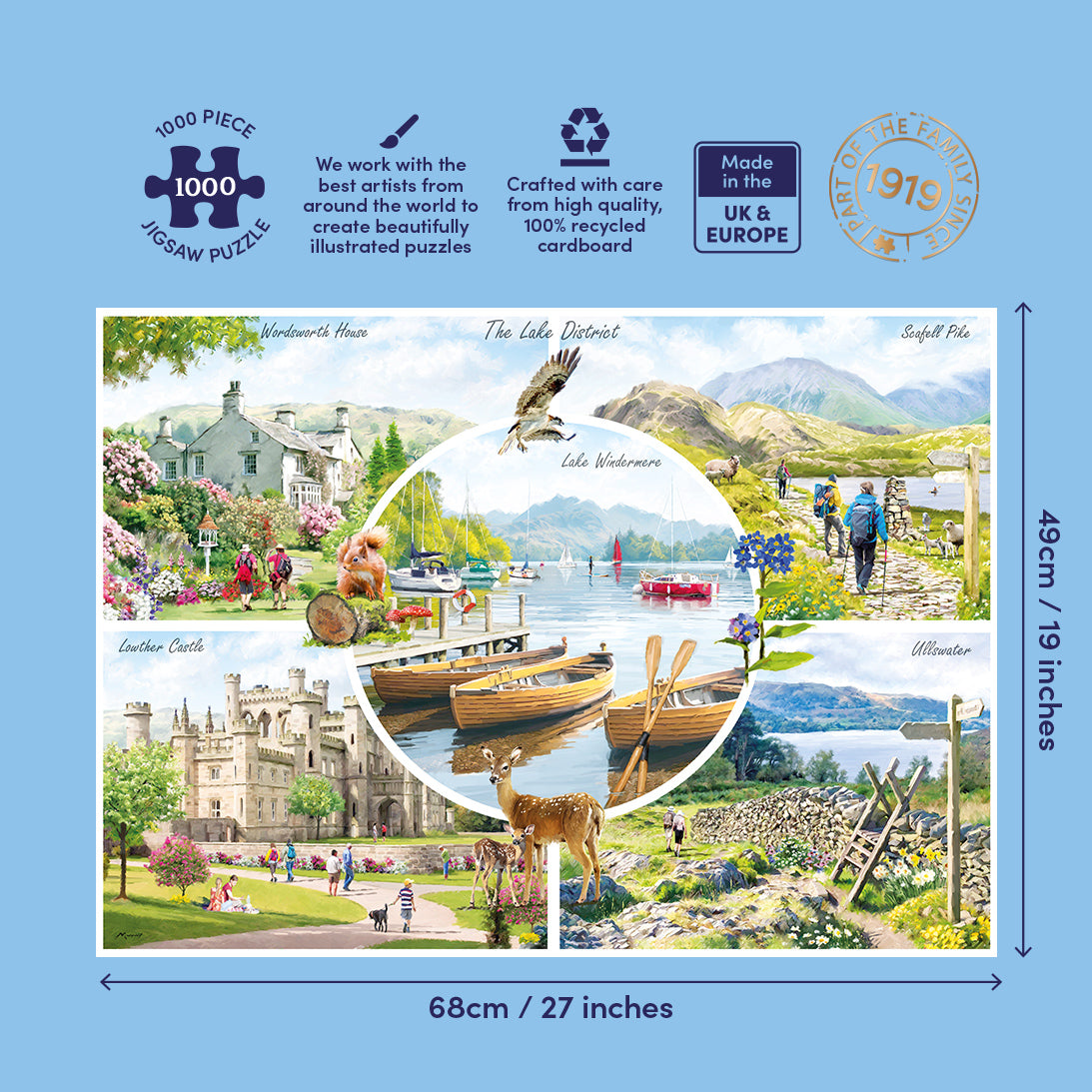 A 1000-piece jigsaw puzzle package featuring a colourful collage of scenic landscapes, including lakes, cottages, boats, mountains, and people. The package is shown on a light blue background with dimensions labelled 68cm by 49cm (27 inches by 19 inches) and feature icons at the top.