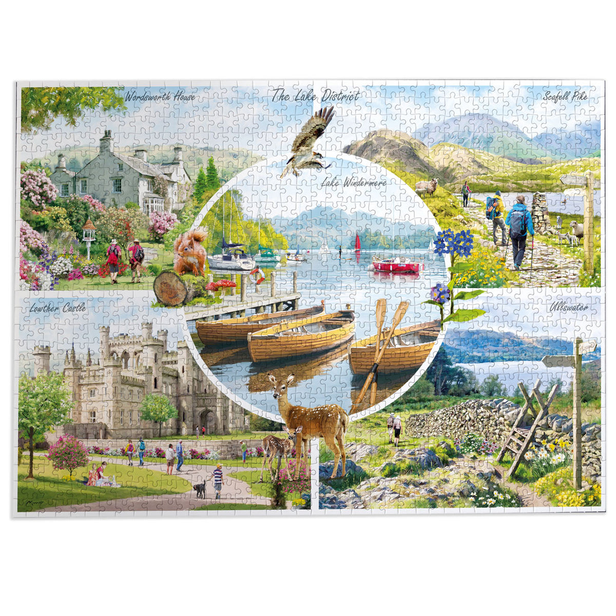 Jigsaw Collage of scenic images including a lake, mountains, and a village with a bear and a deer.