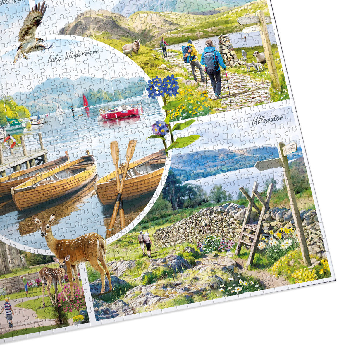 Jigsaw puzzle with scenic landscapes including boats, a lake, and a deer.