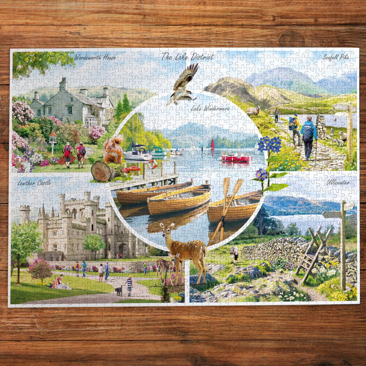 Jigsaw puzzle with scenic images of a lake district on a wooden surface