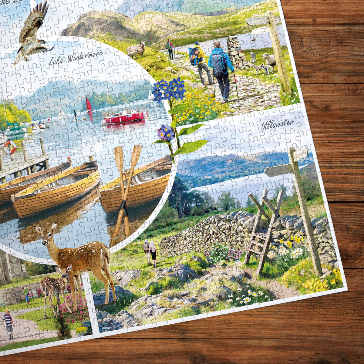 Jigsaw puzzle with scenic landscapes including boats, deer, and people on a wooden surface.