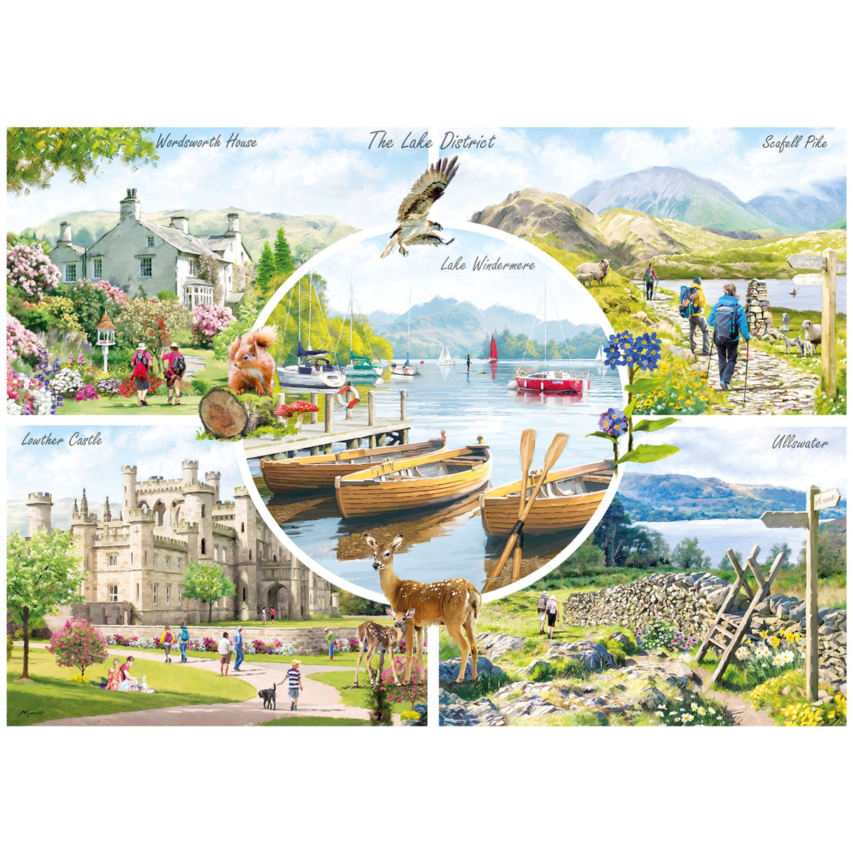 Collage of scenic images from The Lake District featuring nature, architecture, and people.