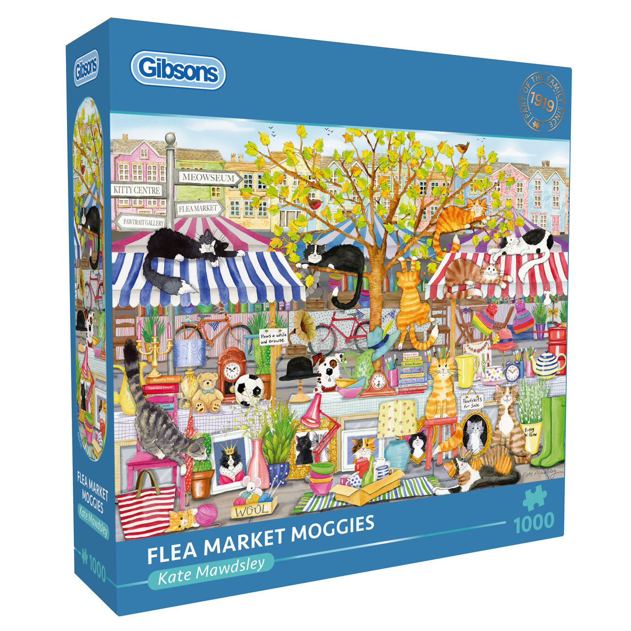 Gibsons Flea Market Moggies puzzle box with colorful illustration of a flea market scene.