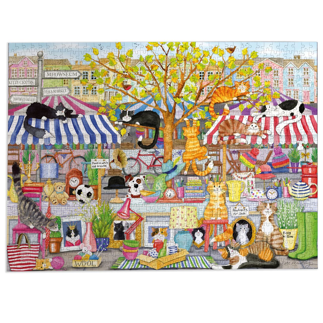 Jigsaw puzzle with a colorful scene of cats in a market setting