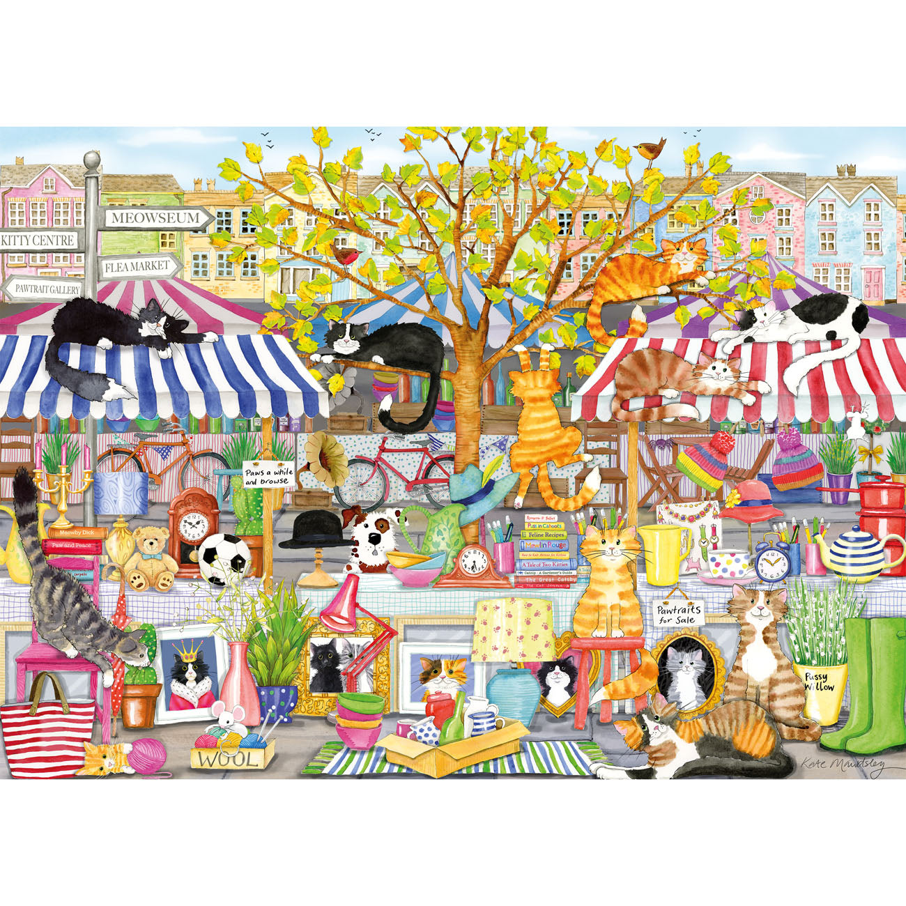 Colorful illustration of a market scene with cats and various items