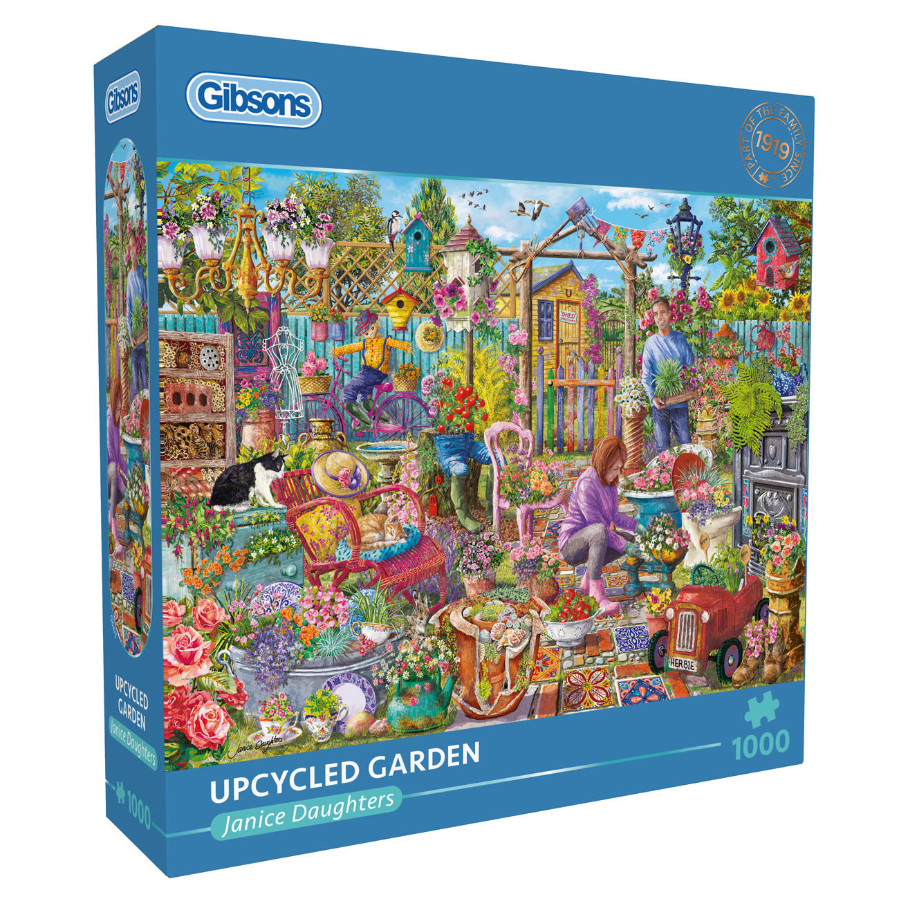 Gibsons Upcycled Garden 1000 Piece Jigsaw puzzle for adults in blue retail box packaging